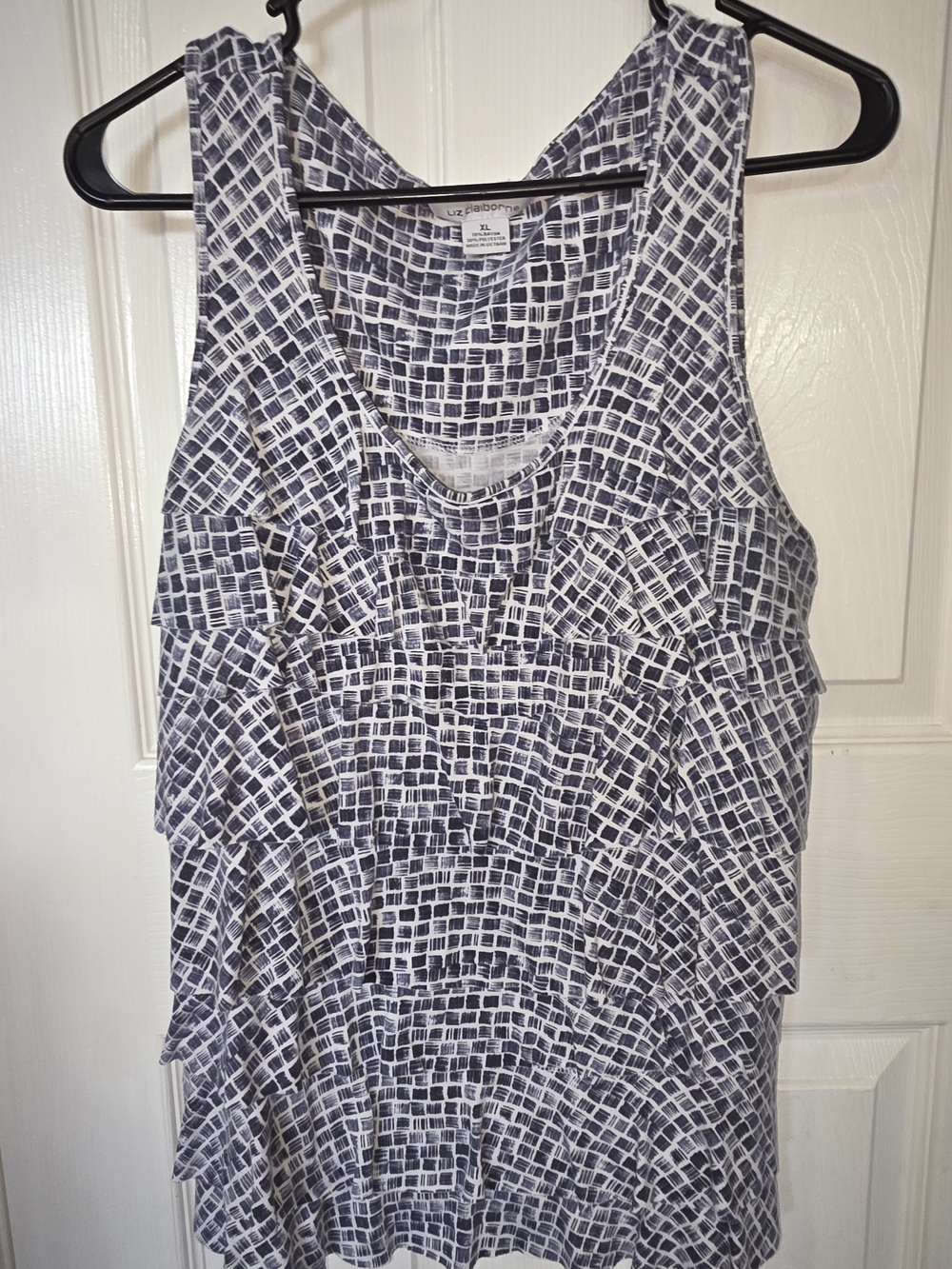 Liz Claiborne Navy and White Grid Ruffle Tank